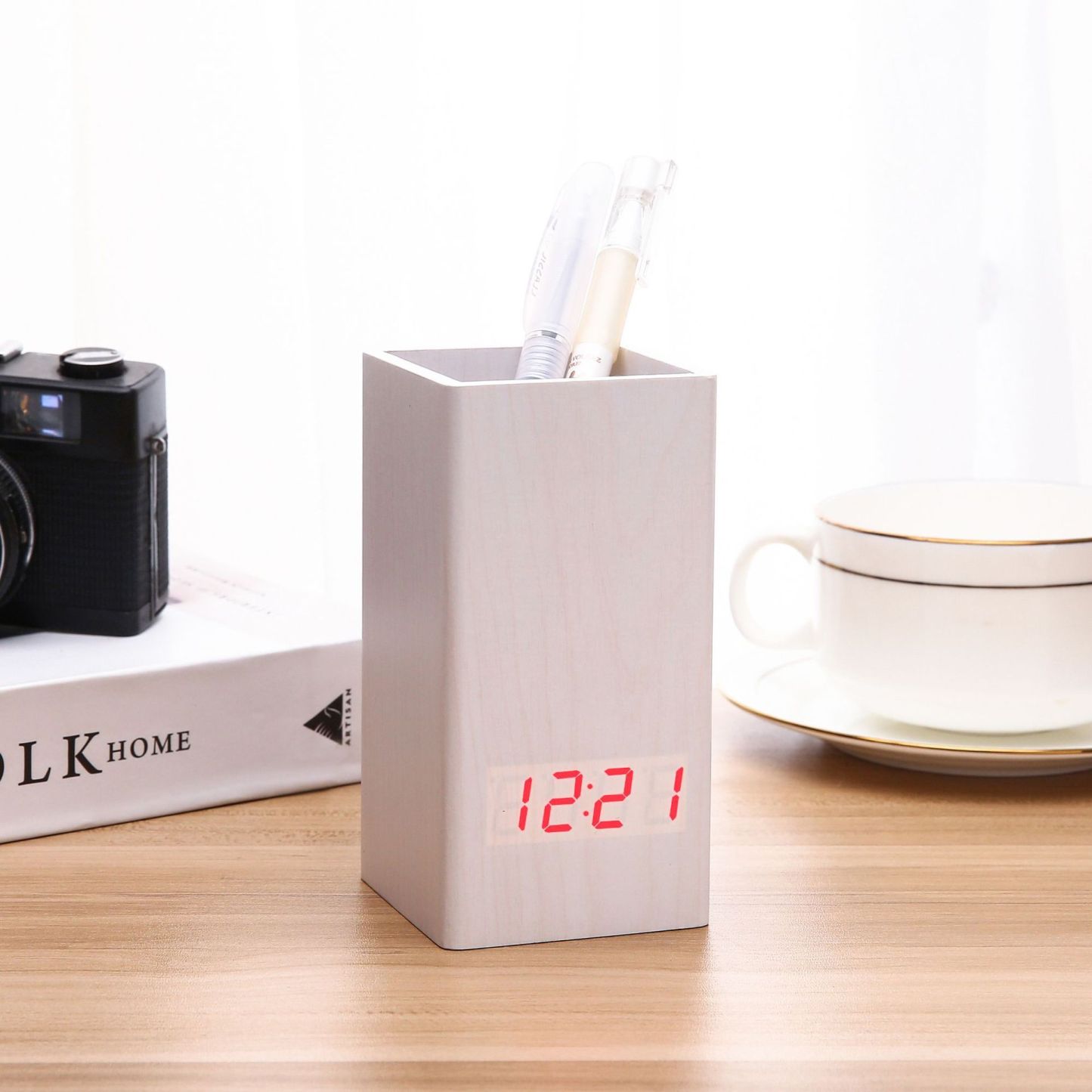 Wooden Digital Clock Pen Holder