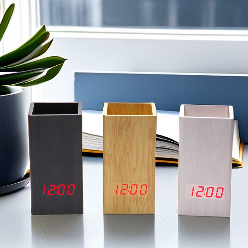Wooden Digital Clock Pen Holder