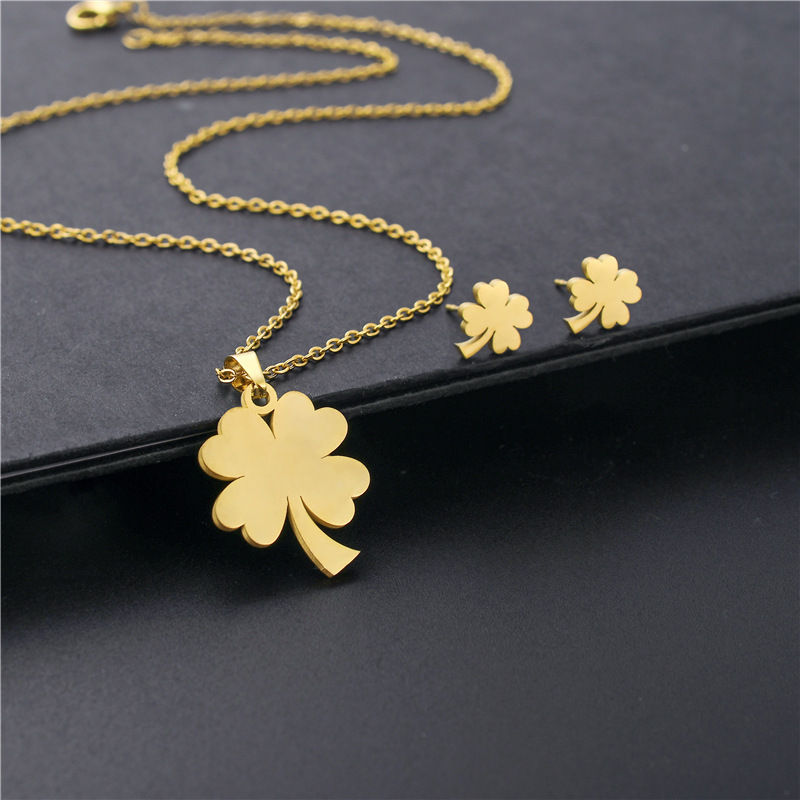 Gold Titanium Steel Four Leaf Clover Necklace and Earrings Set