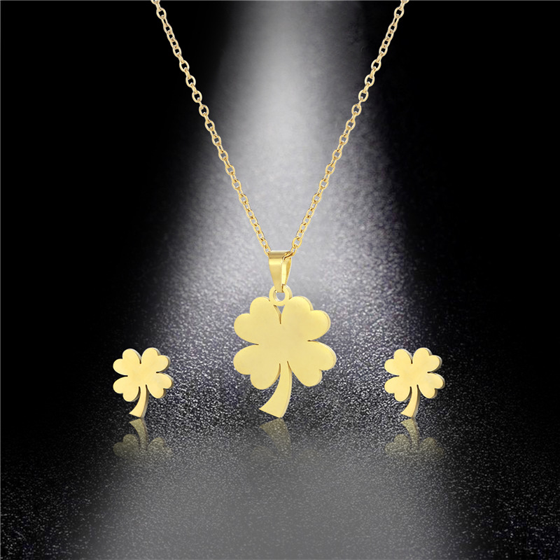 Gold Titanium Steel Four Leaf Clover Necklace and Earrings Set