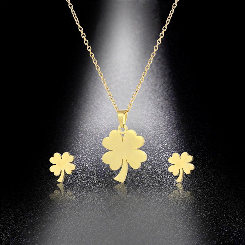 Gold Titanium Steel Four Leaf Clover Necklace and Earrings Set