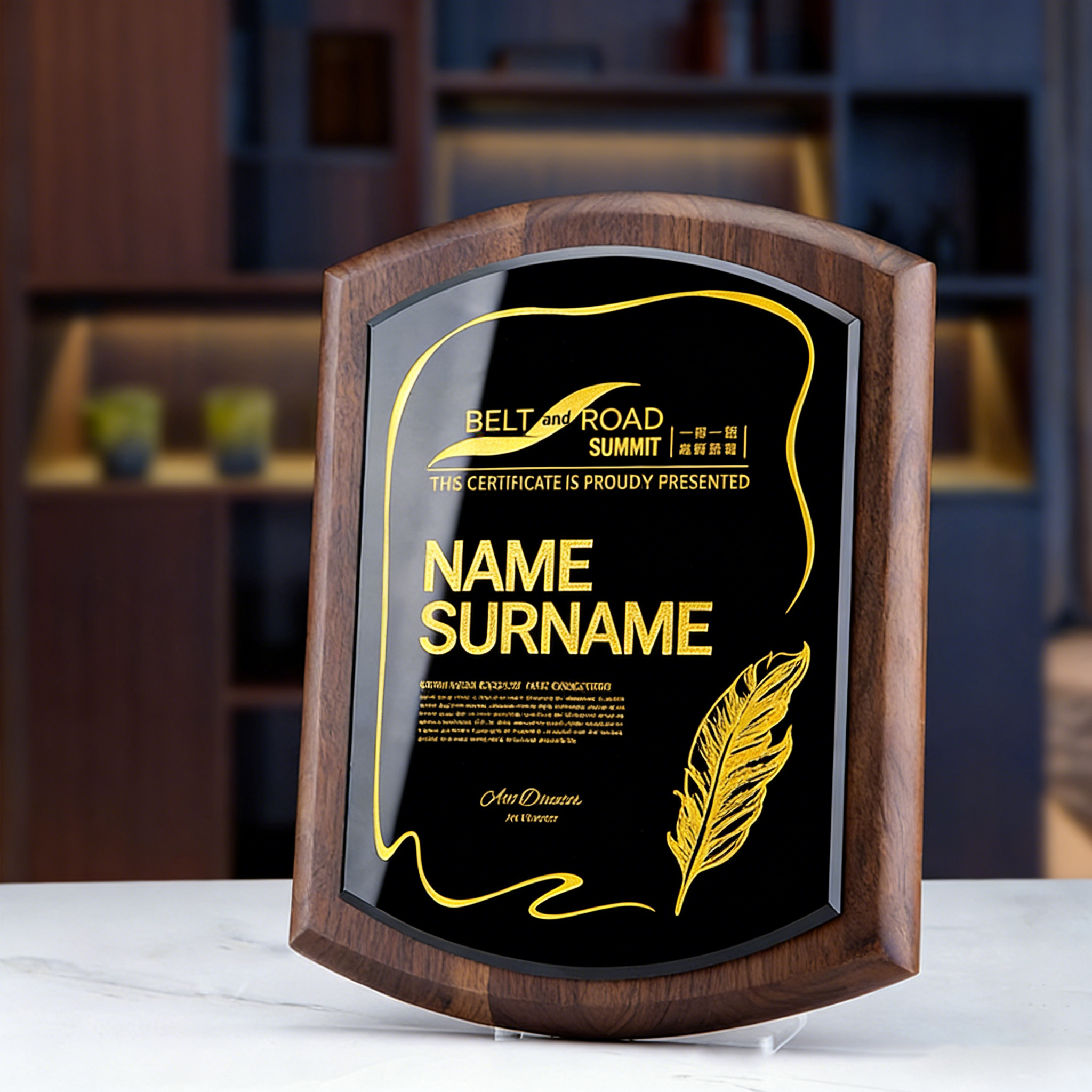 Solid Wood & Black Crystal Plaque