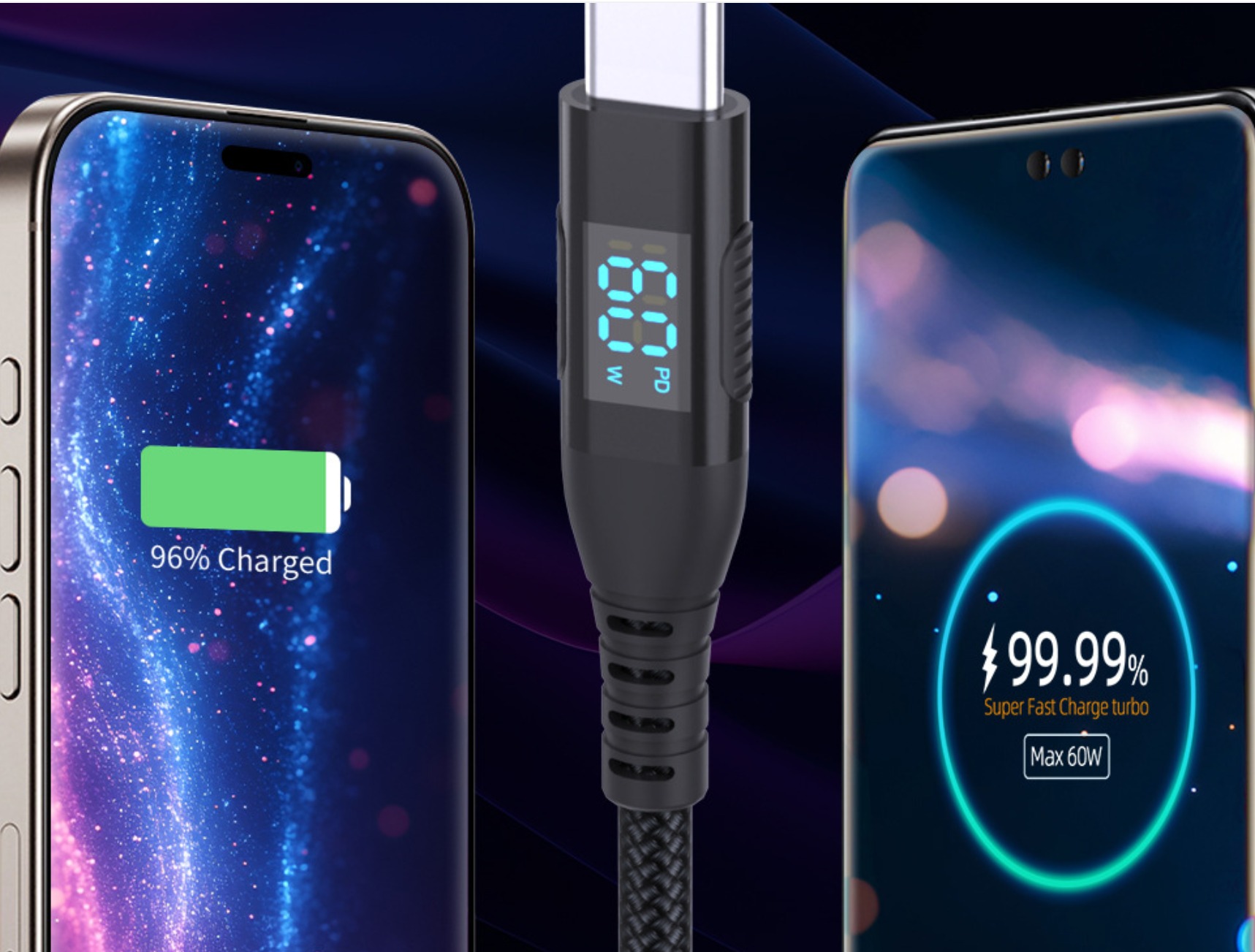 60W Braided Charging Cable with Digital Display
