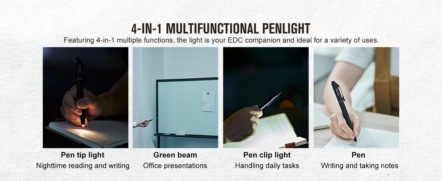 A pen, pen clip LED light, pen tip light, and green beam at the tail, multiple functions
