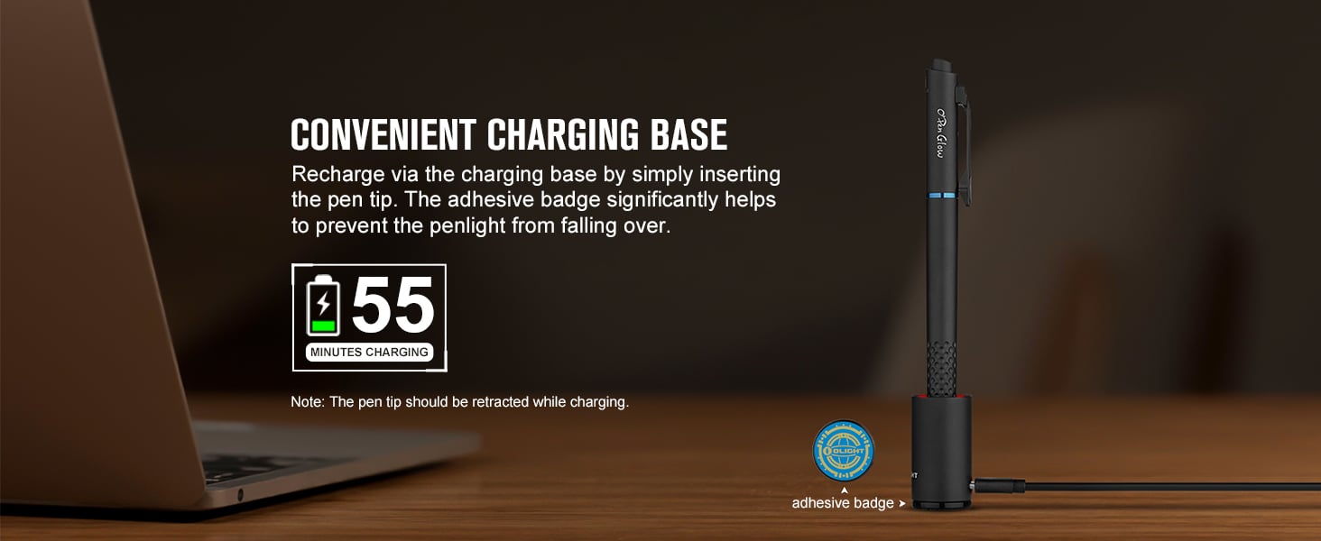 The rechargeable pen light fully charges in 55 minutes