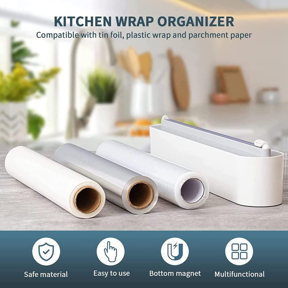 Refillable Magnetic Plastic Wrap Dispenser with Slide Cutter, Sturdy Food Cling Wrap Film Cutter, Press and Seal Plastic Wrap, Plastic Wrap Dispenser with Cutter 12" x 328' Roll BPA Free Plastic Wrap