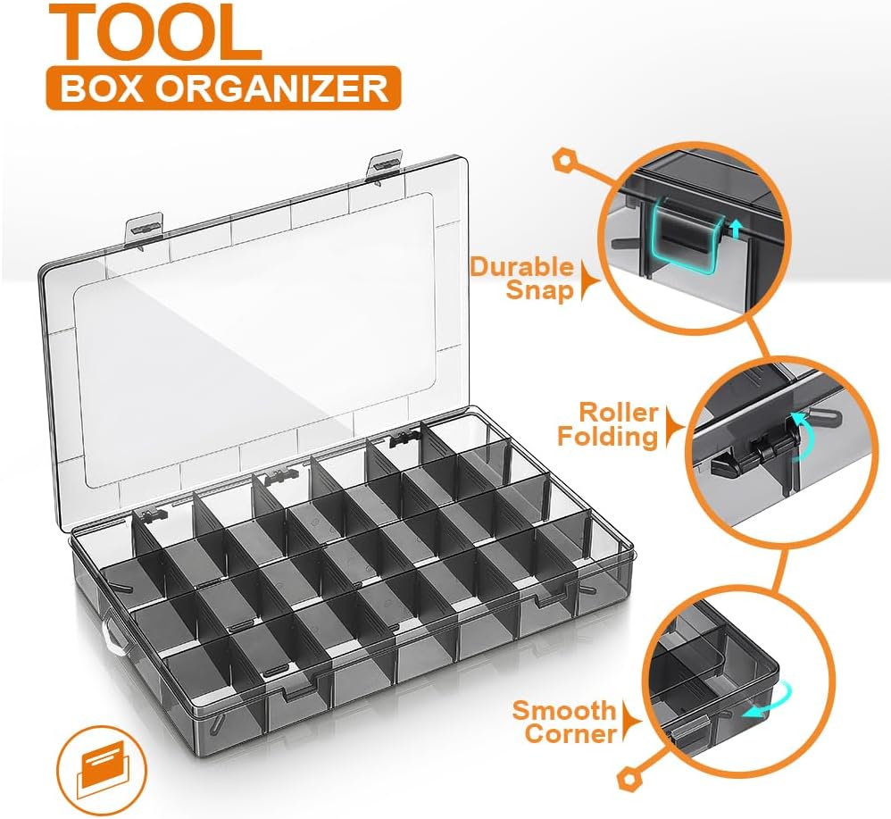 28-Compartment Screw Organizer Box with Removable Plastic Dividers - Clear Small Parts Tool Organizer Box for Hardware, Screws, Bolts, Nails, Beads, Jewelry (28 Grids)