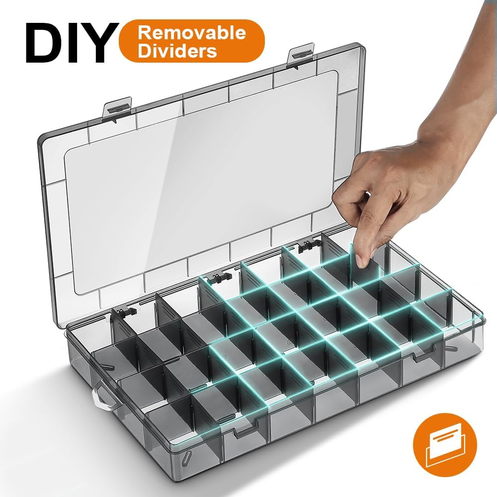28-Compartment Screw Organizer Box with Removable Plastic Dividers - Clear Small Parts Tool Organizer Box for Hardware, Screws, Bolts, Nails, Beads, Jewelry (28 Grids)