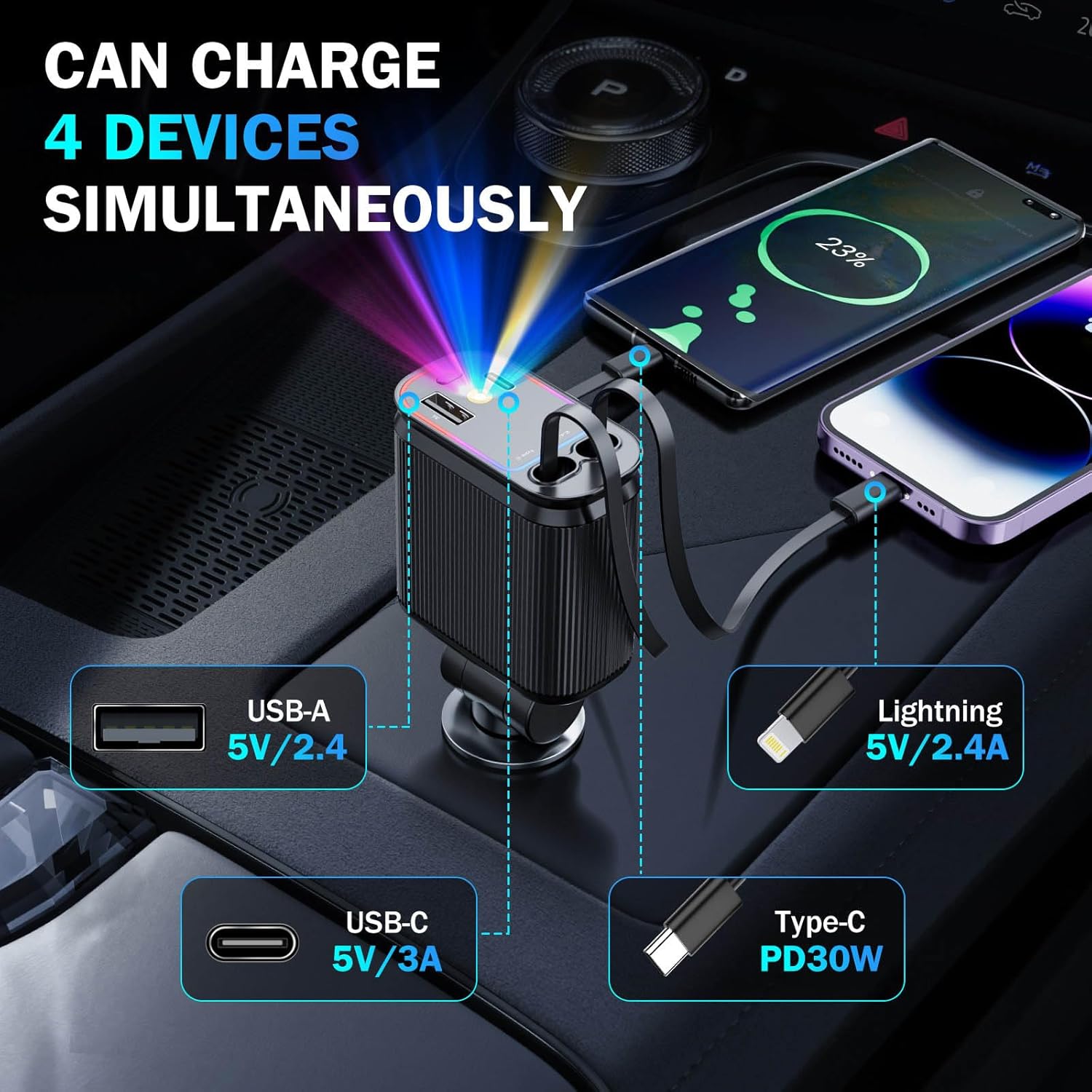 4-in-1 Retractable Car Charger 66W USB-C with 2 Ports for iPhone & Android