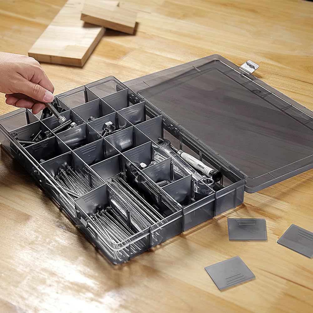 28-Compartment Screw Organizer Box with Removable Plastic Dividers - Clear Small Parts Tool Organizer Box for Hardware, Screws, Bolts, Nails, Beads, Jewelry (28 Grids)