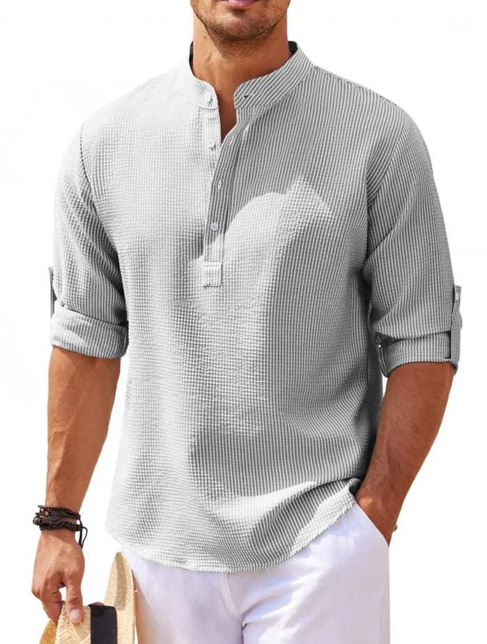 HOOHOOSHOP Men's Cotton Linen Long-Sleeved Shirt