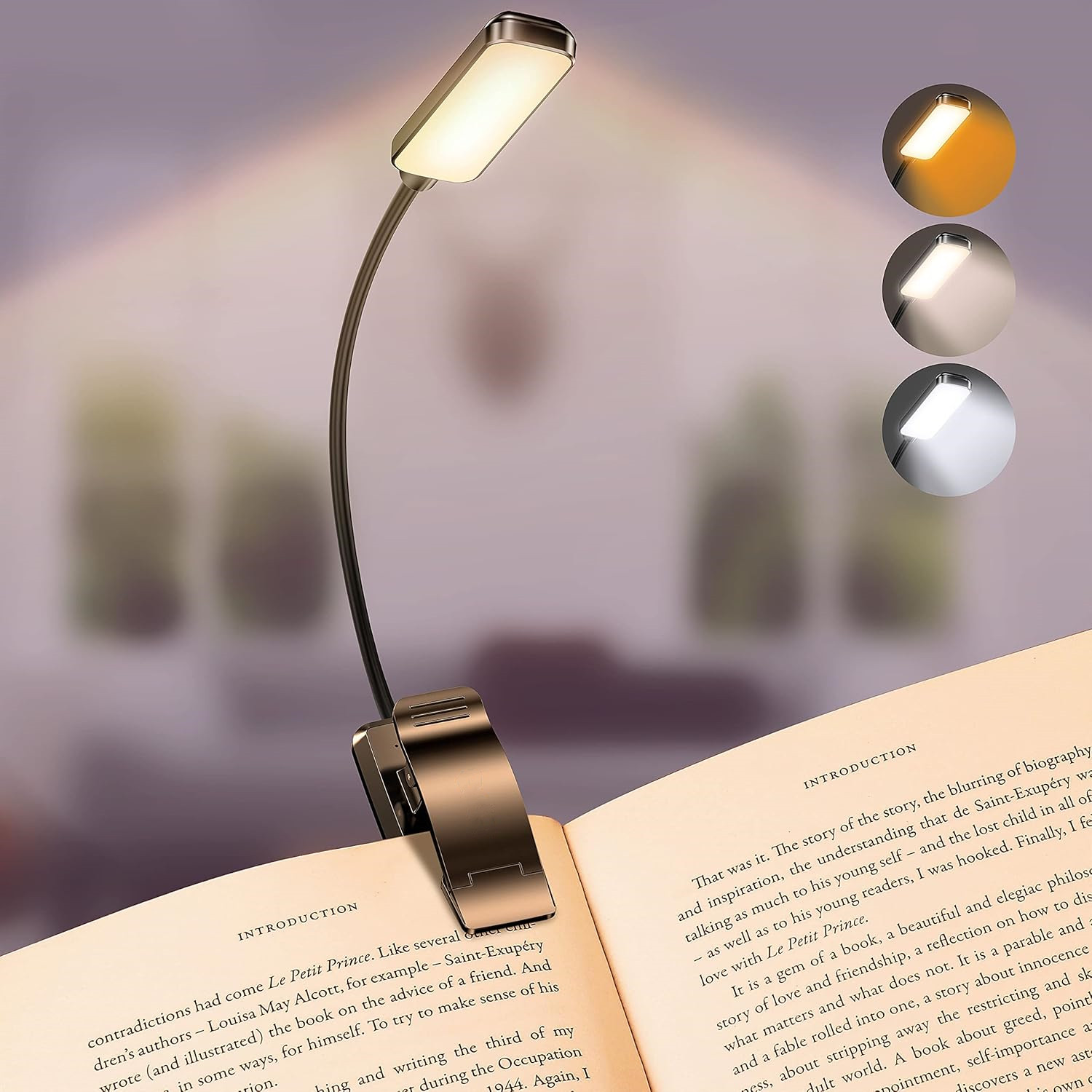 YearPeak Clip-On Reading Light - 3-Color Dimmable USB Lamp