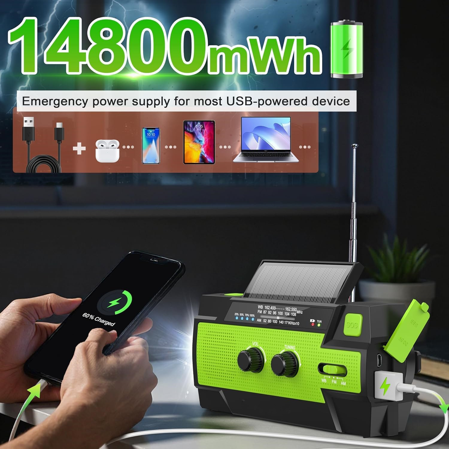 YearPeak Emergency Solar Hand Crank Weather Radio Charger