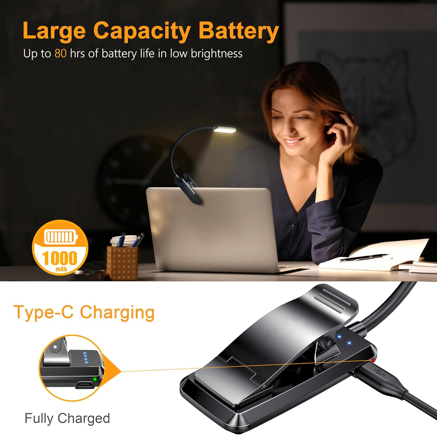 YearPeak Clip-On Reading Light - 3-Color Dimmable USB Lamp