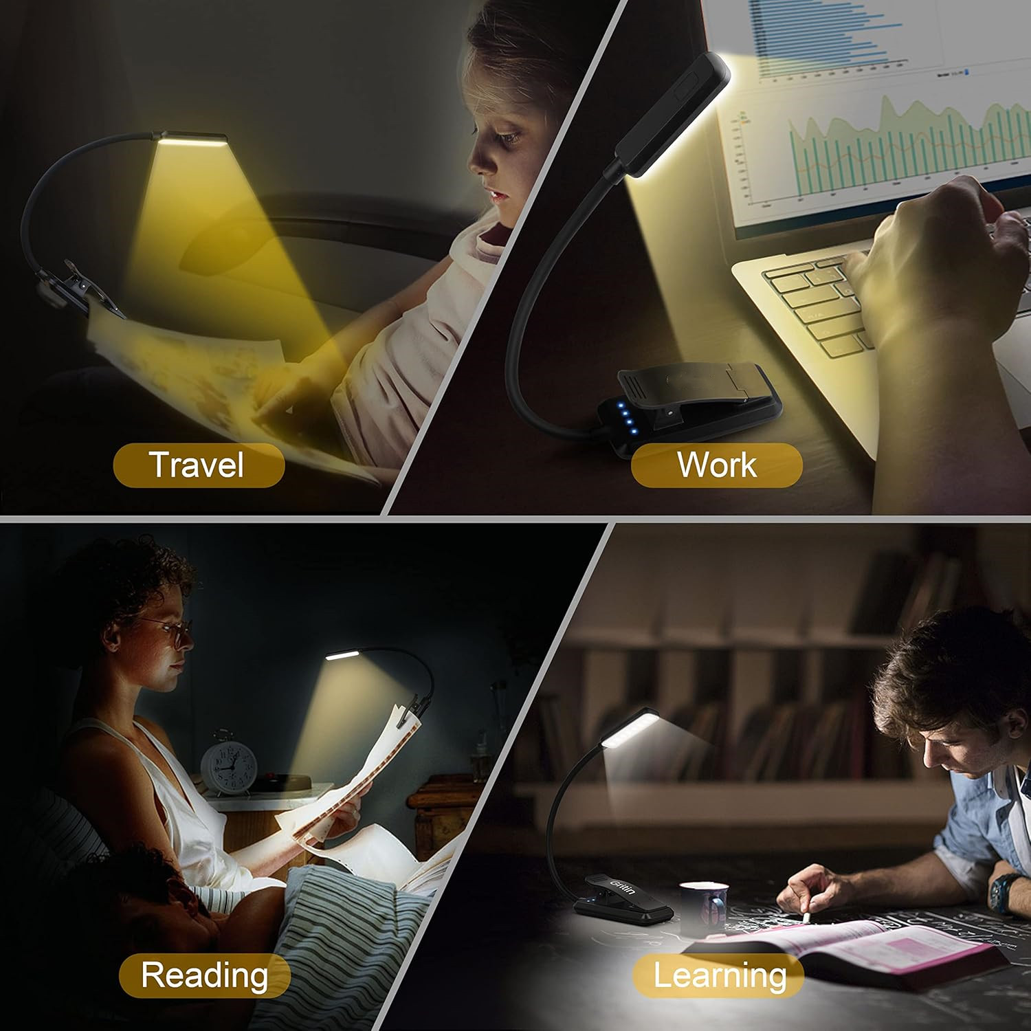 YearPeak Clip-On Reading Light - 3-Color Dimmable USB Lamp