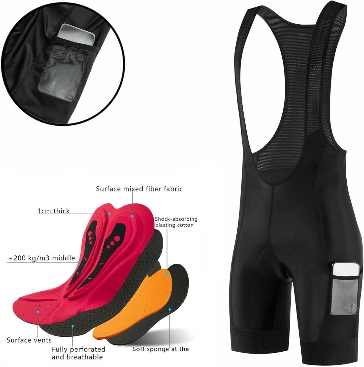 Cycling Best Men's 5D Gel Bib Shorts Side Pockets, Breathable MTB Gear