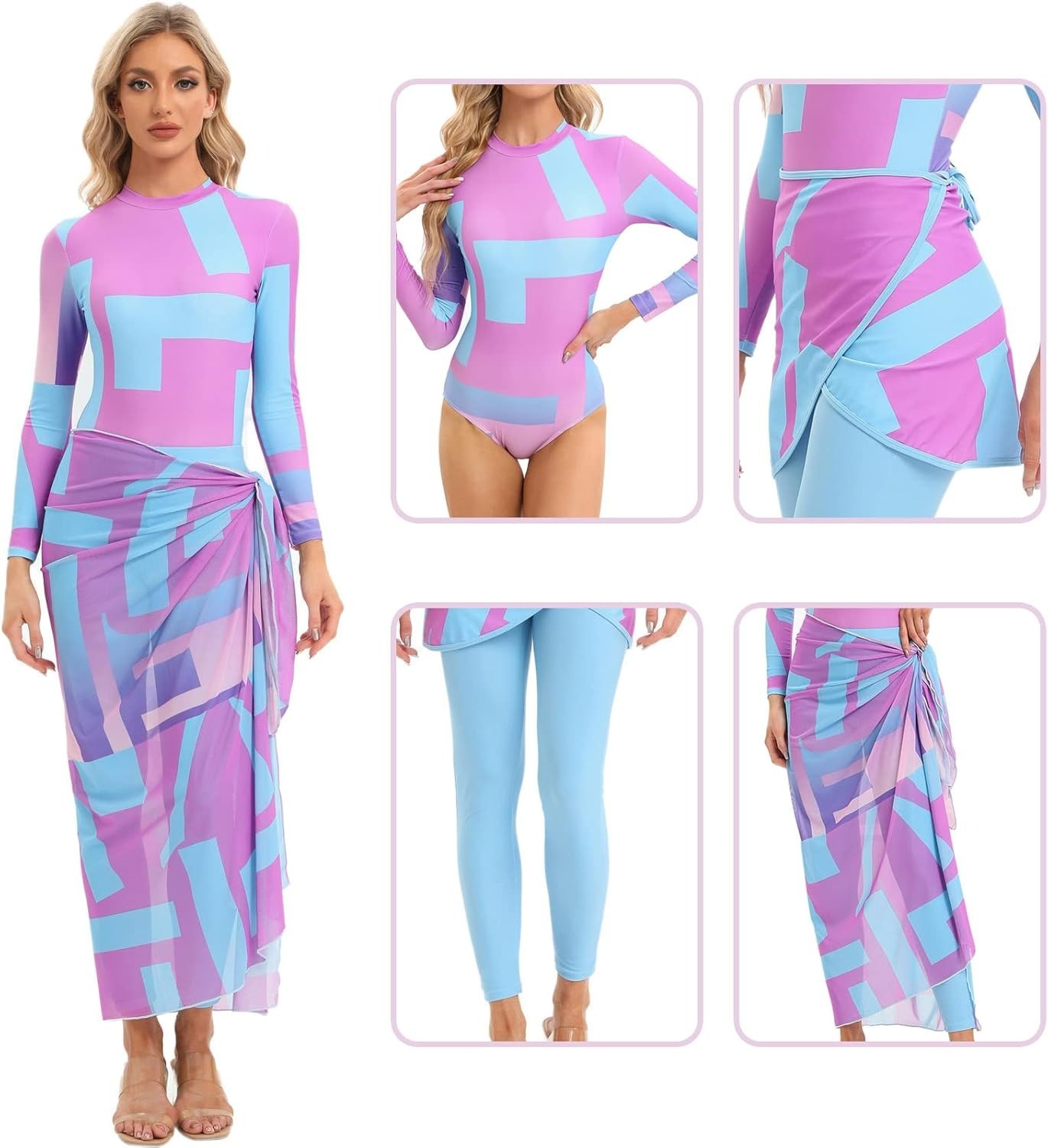YearPeak Women's Tie-Dye Modest Burkini Set - 4PC UV Protection Swimwear