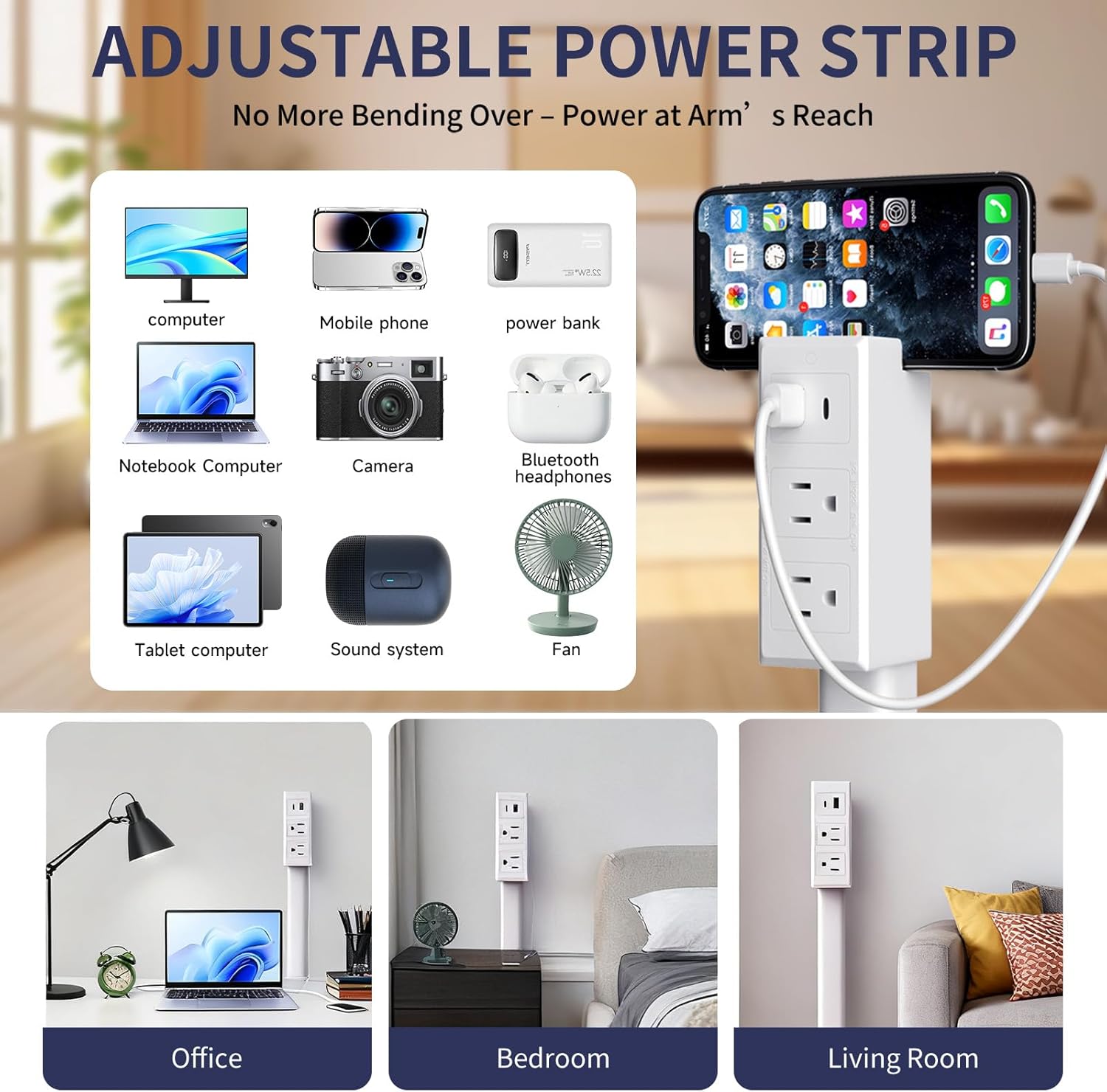 YearPeak Extendable Rotating Outlet & Power Strip with USB Ports