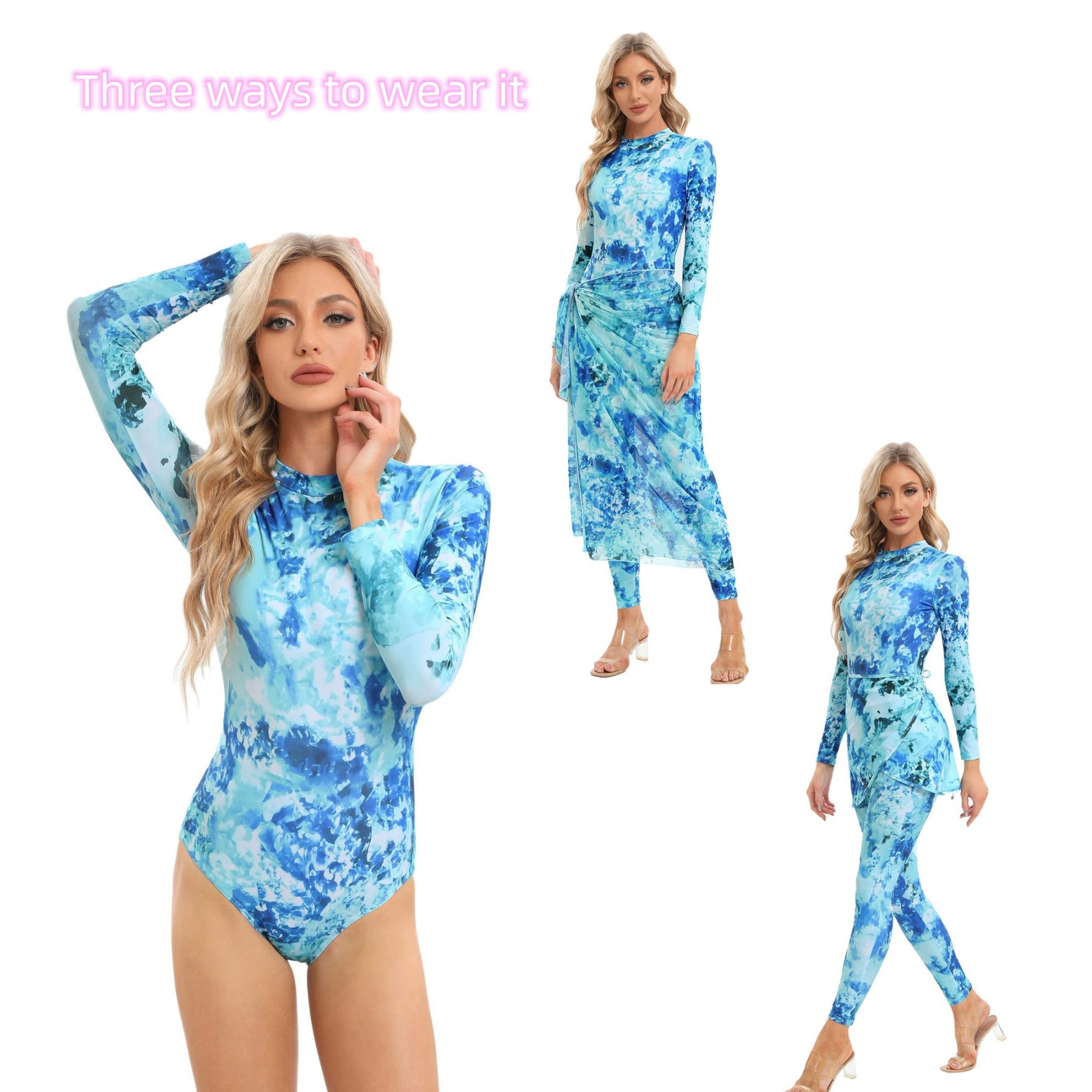 YearPeak Women's Tie-Dye Modest Burkini Set - 4PC UV Protection Swimwear