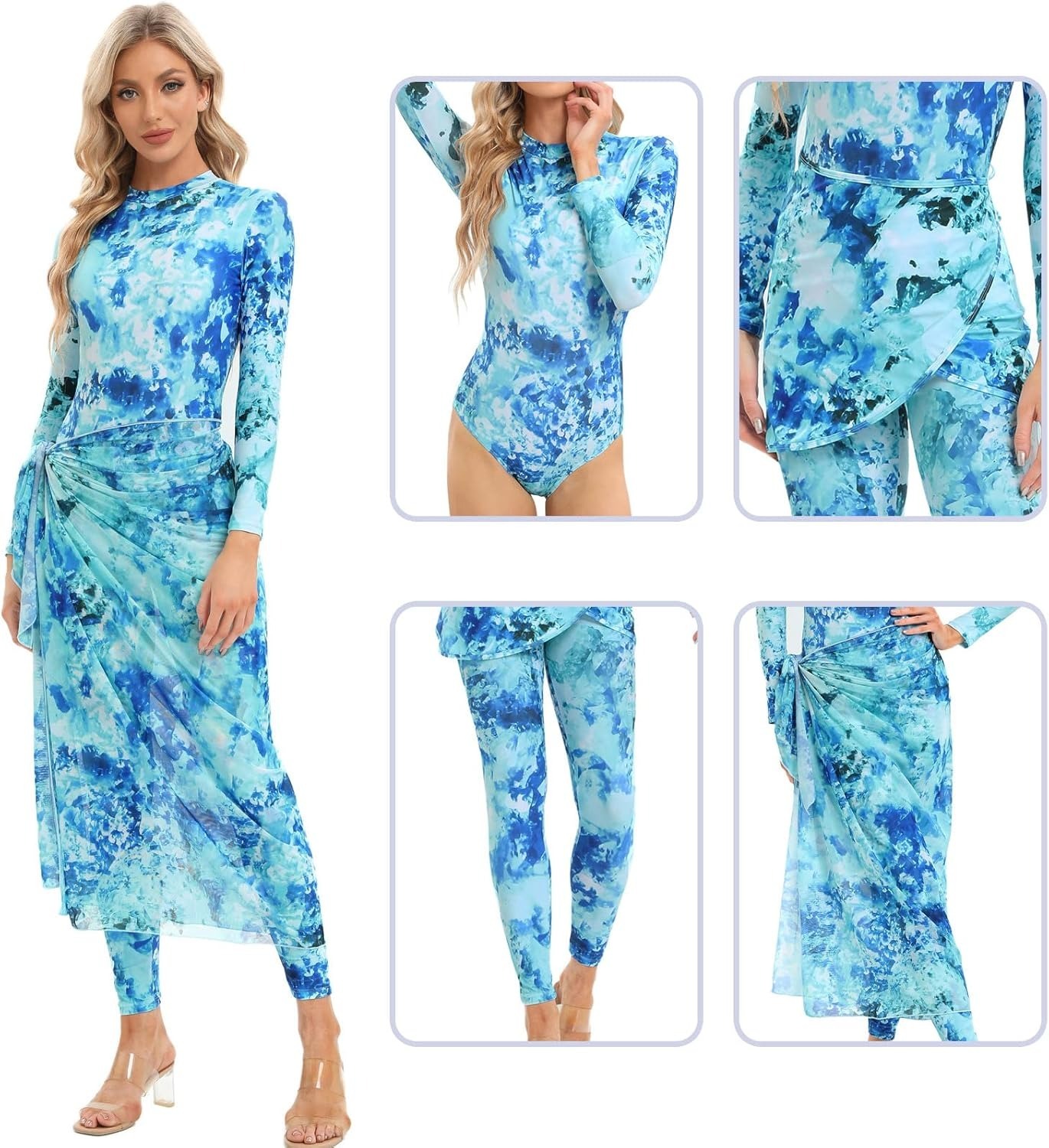 YearPeak Women's Tie-Dye Modest Burkini Set - 4PC UV Protection Swimwear