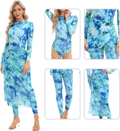 YearPeak Women's Tie-Dye Modest Burkini Set - 4PC UV Protection Swimwear