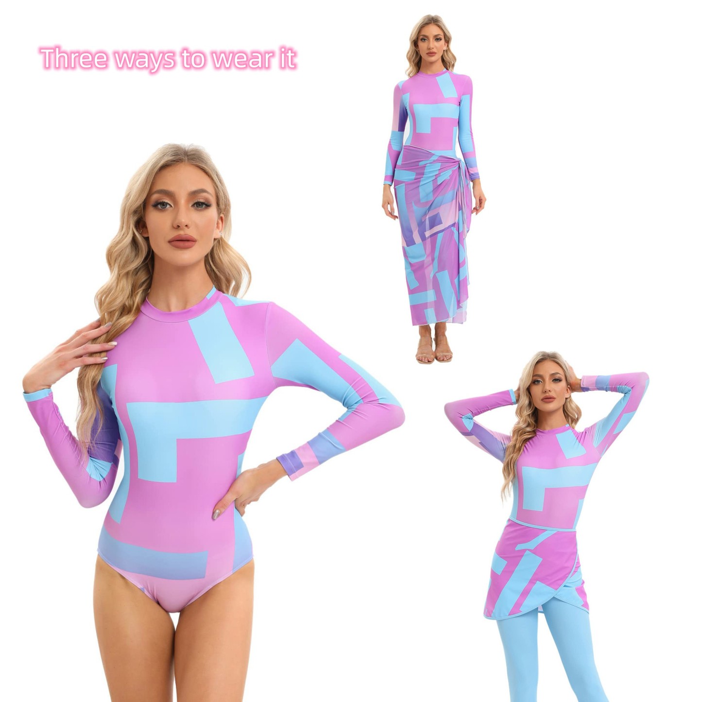 YearPeak Women's Tie-Dye Modest Burkini Set - 4PC UV Protection Swimwear