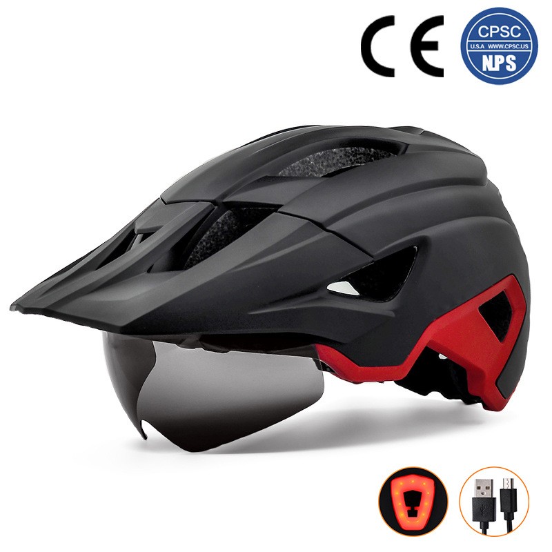 Cycling Best Adjustable MTB Helmet with LED Light, Visor & Magnetic Glasses