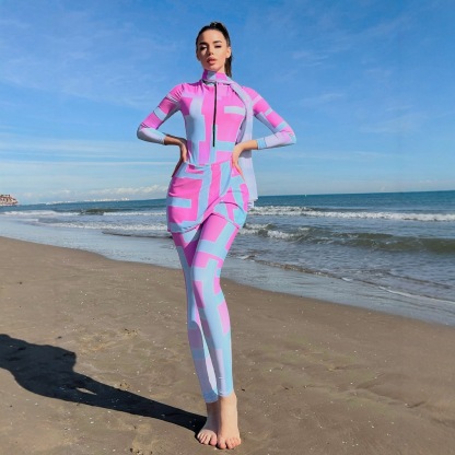 YearPeak 4PC Zip Front One Piece Burkini Swimsuit Beach Skirt Headband