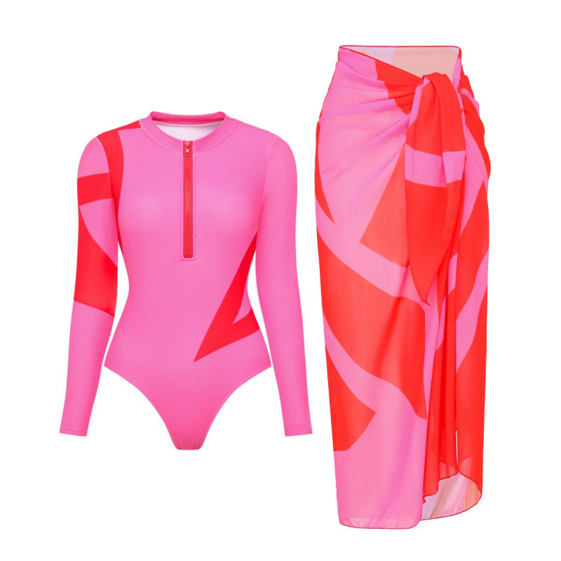 YearPeak Women's Long Sleeve 2-Piece Swimsuit Set with Cover-Up Skirt
