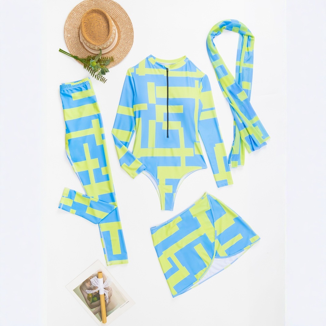 YearPeak 4PC Zip Front One Piece Burkini Swimsuit Beach Skirt Headband