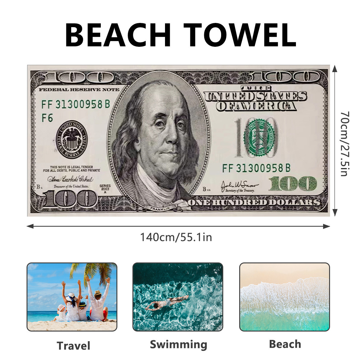 YearPeak 100 Dollar Bill Beach Towel - Large, Soft & Fun Pool Towel for Adults & Kids