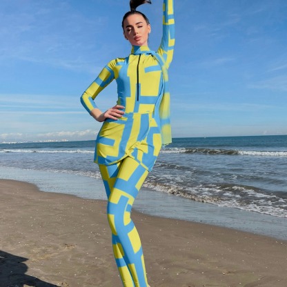 YearPeak 4PC Zip Front One Piece Burkini Swimsuit Beach Skirt Headband