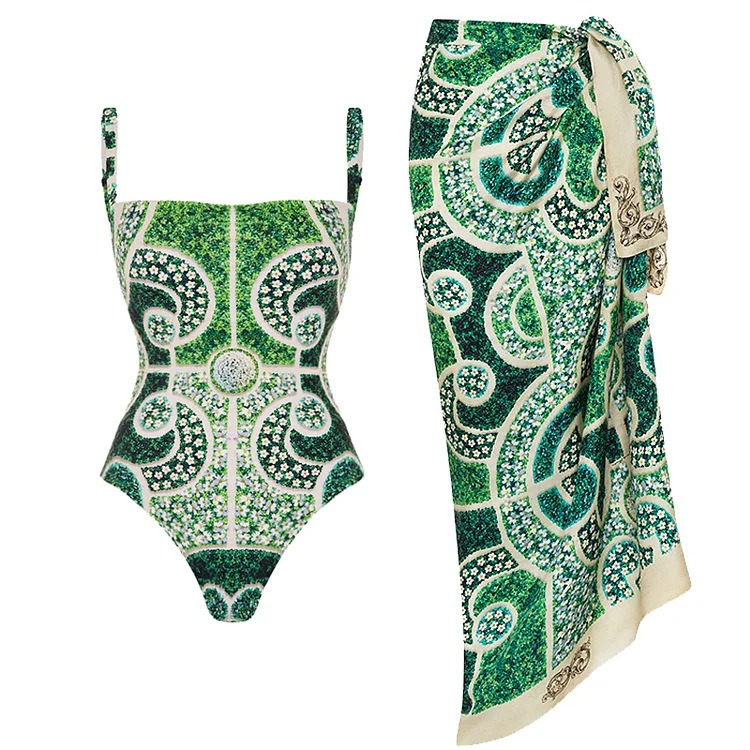 YearPeak Garden Printed One Piece Swimsuit and Sarong