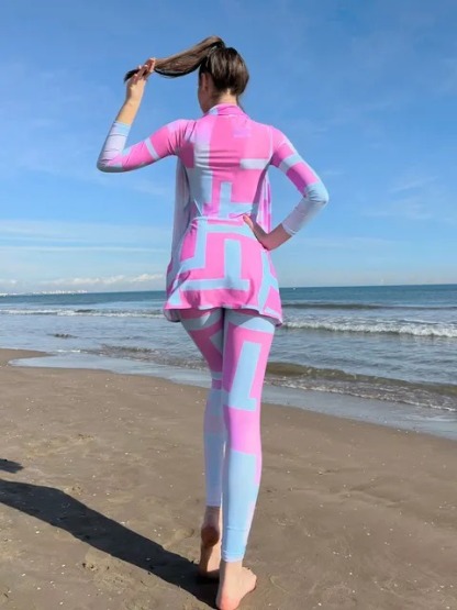 YearPeak 4PC Zip Front One Piece Burkini Swimsuit Beach Skirt Headband