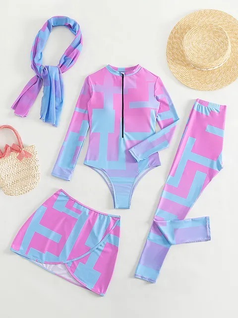 YearPeak 4PC Zip Front One Piece Burkini Swimsuit Beach Skirt Headband