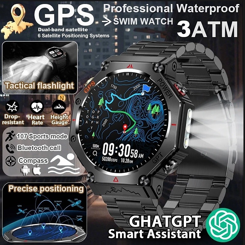 YearPeak Smartwatch with ChatGPT AI – 5ATM Waterproof, GPS, Dual-Band GNSS, Military-Grade 