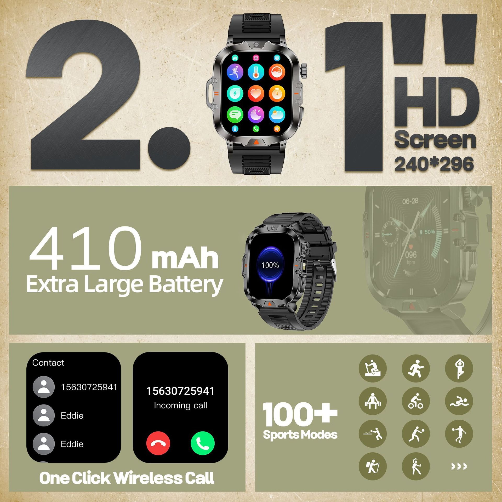 YearPeak Smartwatch 2.01" Fitness Tracker Bluetooth Call IP68 Waterproof