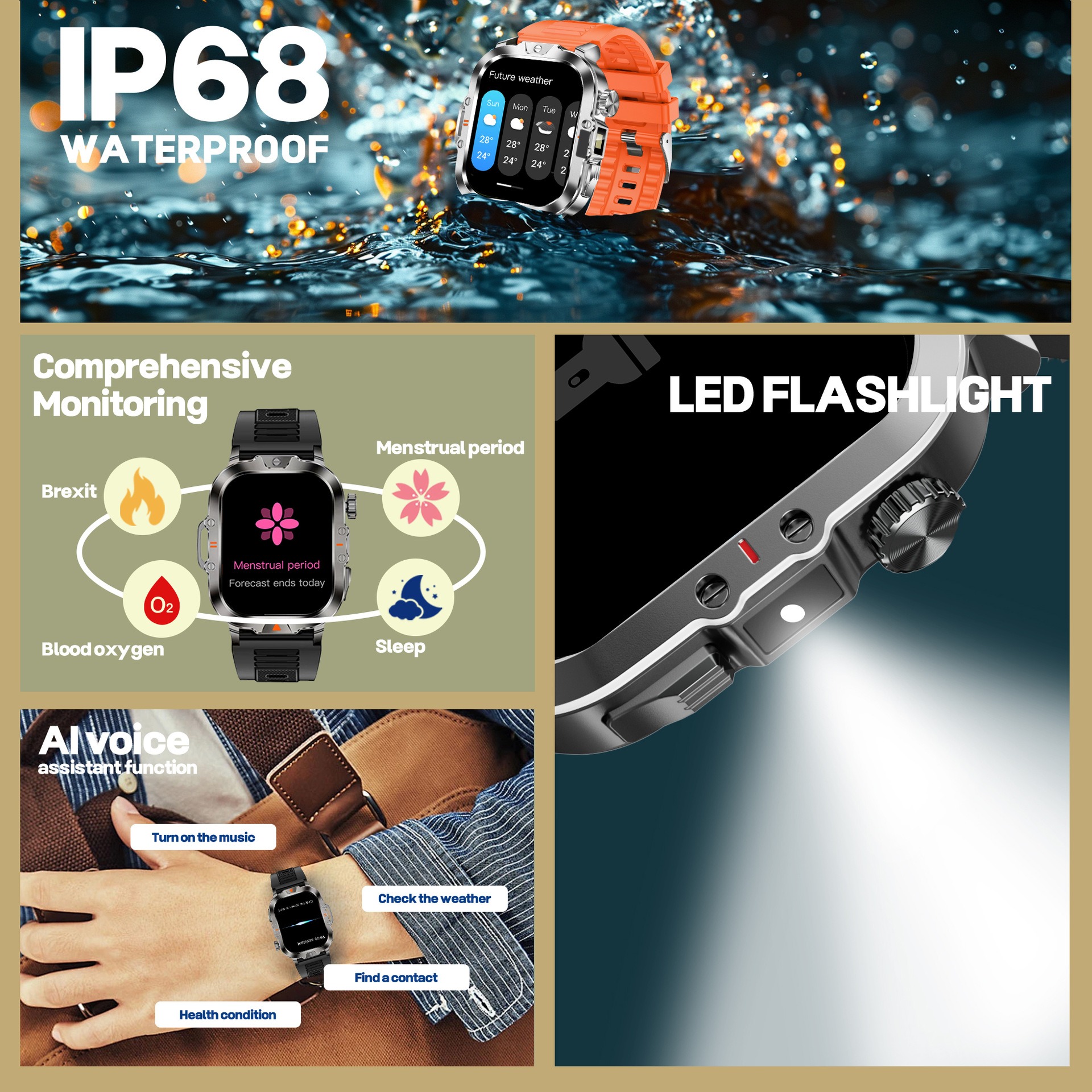 YearPeak Smartwatch 2.01" Fitness Tracker Bluetooth Call IP68 Waterproof
