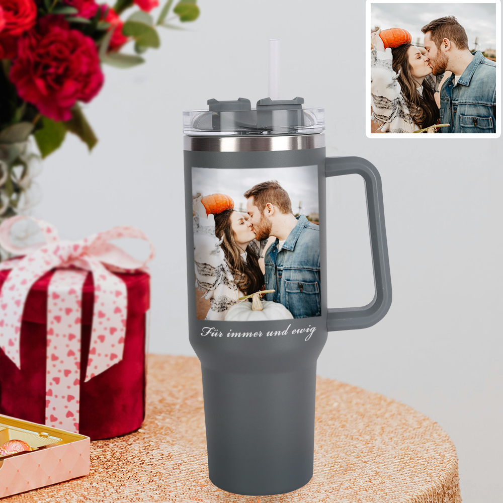 Personalisierter Edelstahl Tumbler mit Griff 1,2L Foto Becher