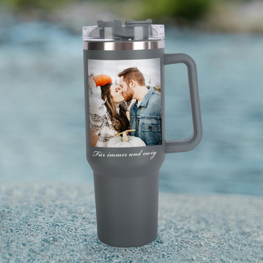 Personalisierter Edelstahl Tumbler mit Griff 1,2L Foto Becher