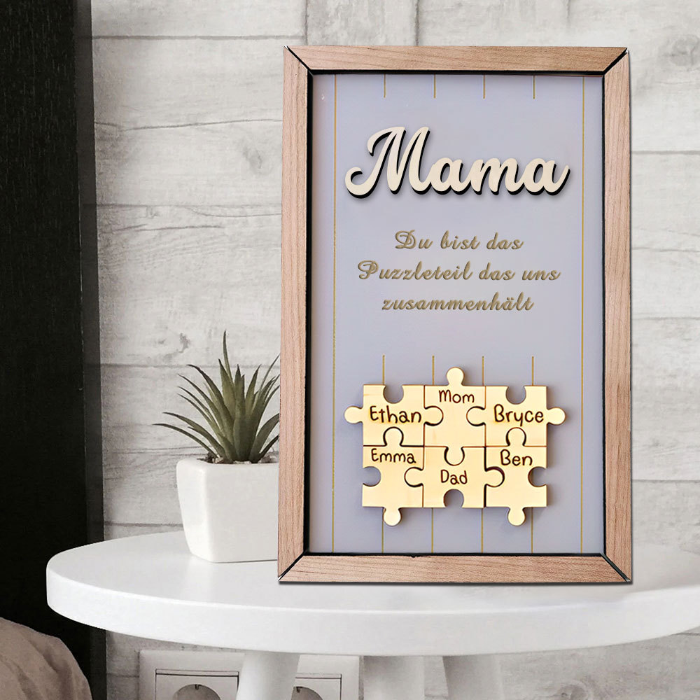 Personalisiertes Holzpuzzle Rahmen Mit 1 Bis 8 Namen In Wunschfarbe Mit Gravur Mama Du Bist Das Teil Das Uns Zusammenhält