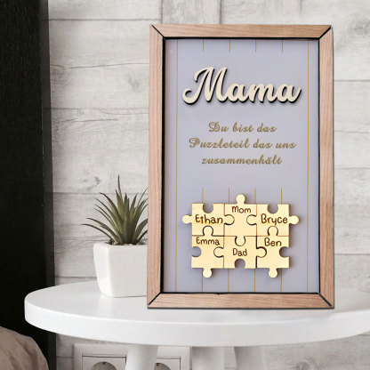Personalisiertes Holzpuzzle Rahmen Mit 1 Bis 8 Namen In Wunschfarbe Mit Gravur Mama Du Bist Das Teil Das Uns Zusammenhält
