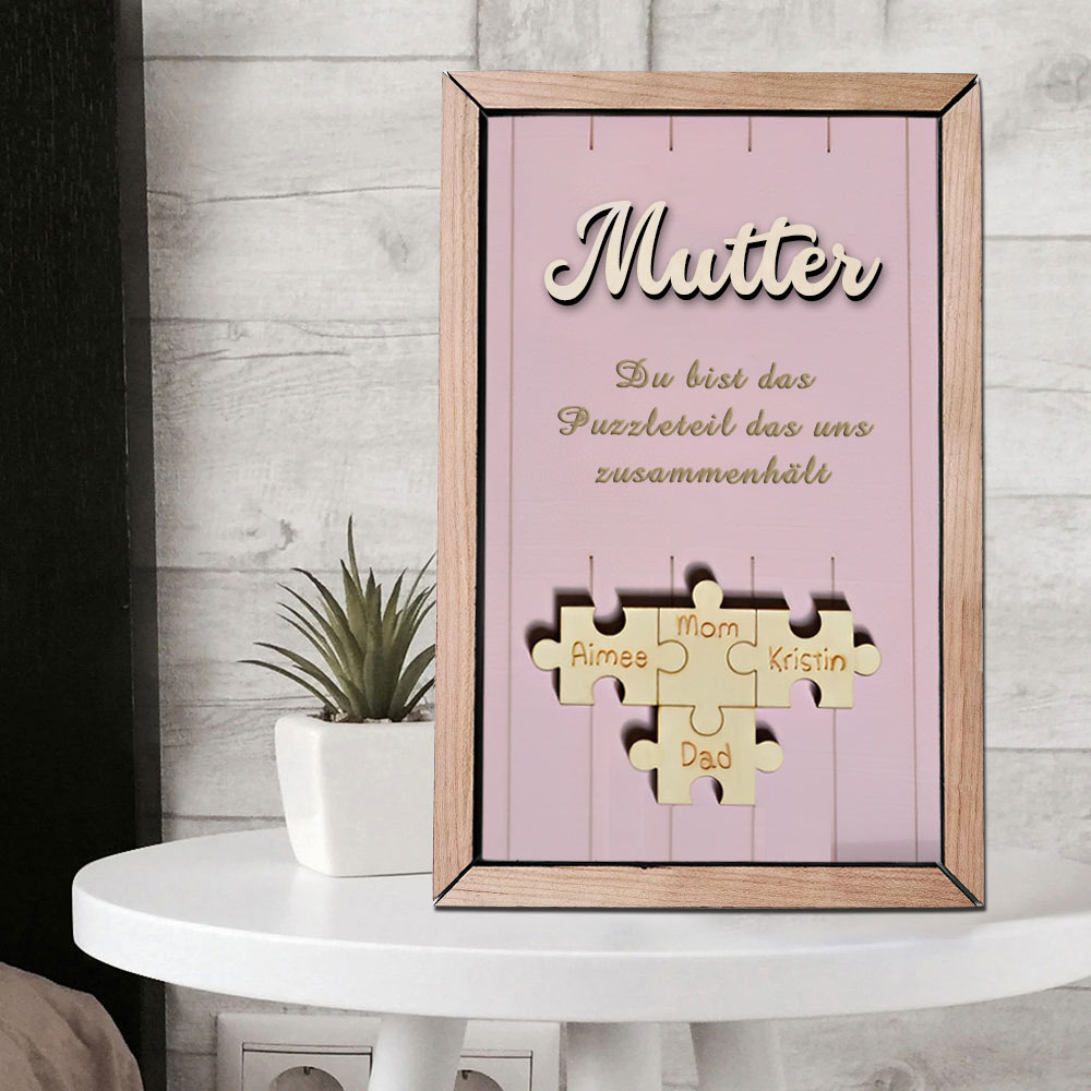 Personalisiertes Holzpuzzle Rahmen Mit 1 Bis 8 Namen In Wunschfarbe Mit Gravur Mama Du Bist Das Teil Das Uns Zusammenhält