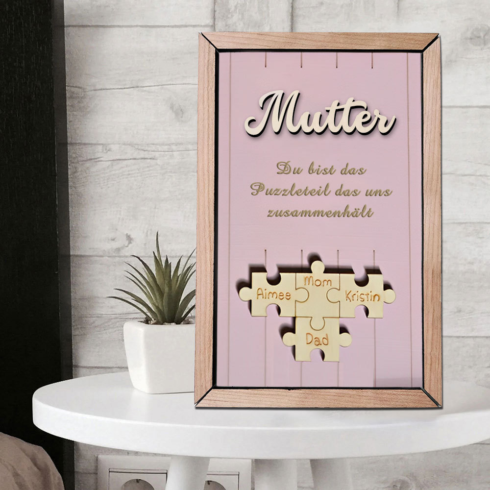 Personalisiertes Holzpuzzle Rahmen Mit 1 Bis 8 Namen In Wunschfarbe Mit Gravur Mama Du Bist Das Teil Das Uns Zusammenhält