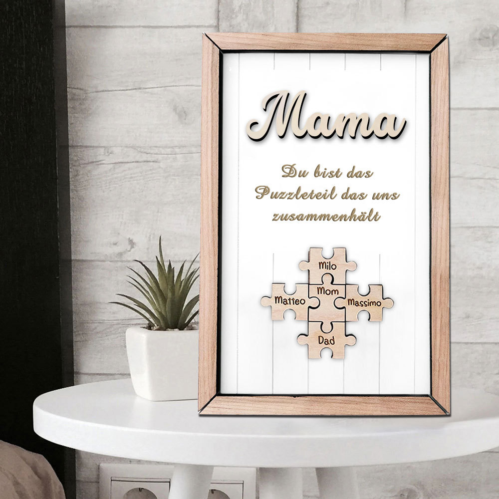Personalisiertes Holzpuzzle Rahmen Mit 1 Bis 8 Namen In Wunschfarbe Mit Gravur Mama Du Bist Das Teil Das Uns Zusammenhält