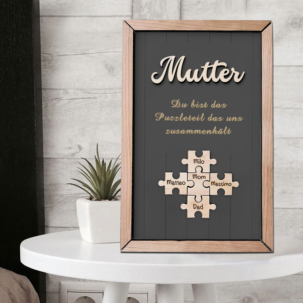 Personalisiertes Holzpuzzle Rahmen Mit 1 Bis 8 Namen In Wunschfarbe Mit Gravur Mama Du Bist Das Teil Das Uns Zusammenhält