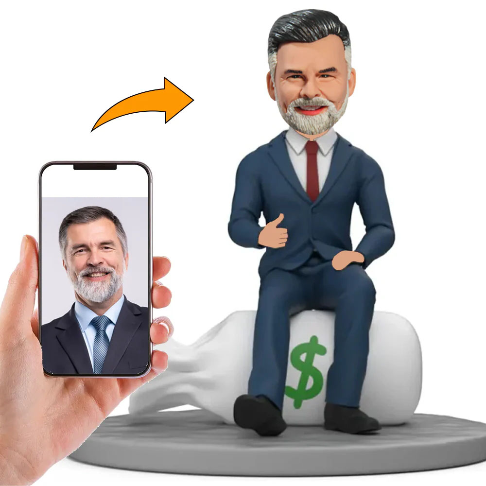 Handgemachter Personalisierter Wackelkopf Chef Sitzend auf Geldsack Geschenk für Chef