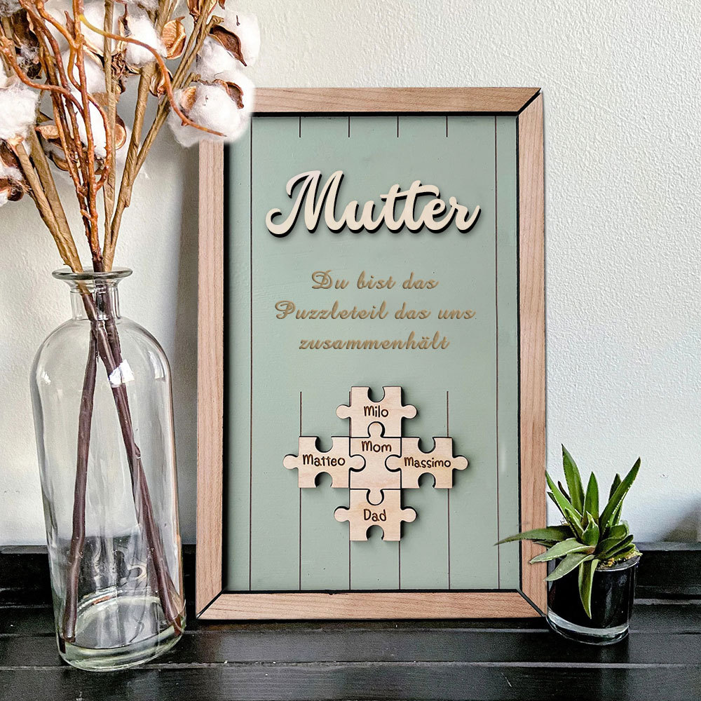 Personalisiertes Holzpuzzle Rahmen Mit 1 Bis 8 Namen In Wunschfarbe Mit Gravur Mama Du Bist Das Teil Das Uns Zusammenhält