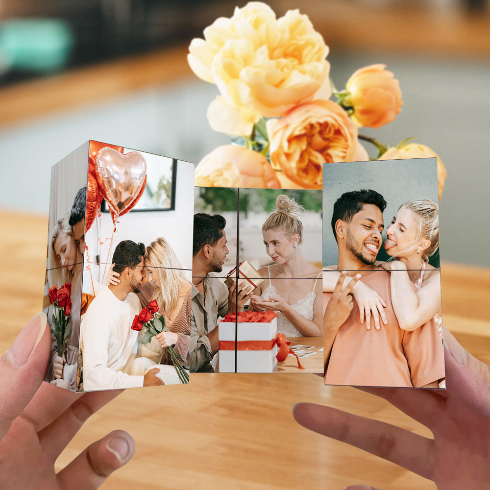 Personalisierter Holz Foto Würfel Magischer Unendlichkeitswürfel mit 9 Bildern Geschenk für Paare