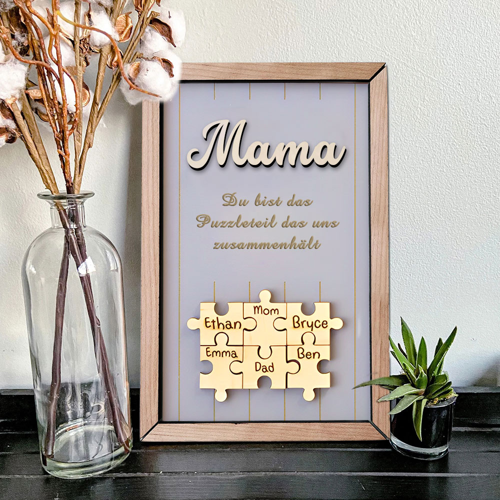 Personalisiertes Holzpuzzle Rahmen Mit 1 Bis 8 Namen In Wunschfarbe Mit Gravur Mama Du Bist Das Teil Das Uns Zusammenhält